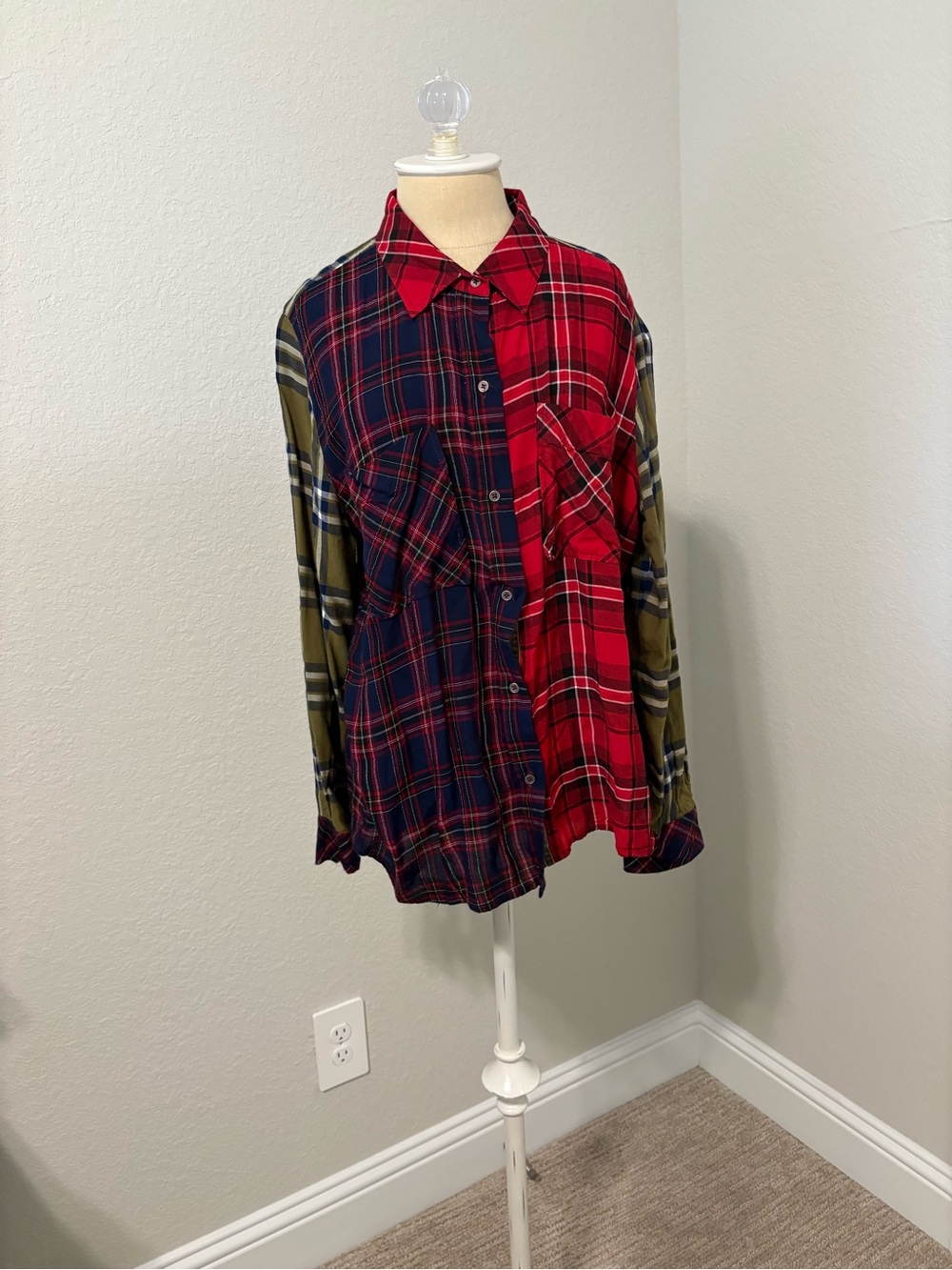 Tru Luxe Jeans Women's Multi-Panel Plaid Button-Down Shirt - Red, Navy & Olive